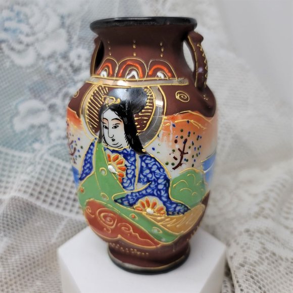 Vintage Small Vase Oriental Woman Brown Japan - Picture 2 of 8